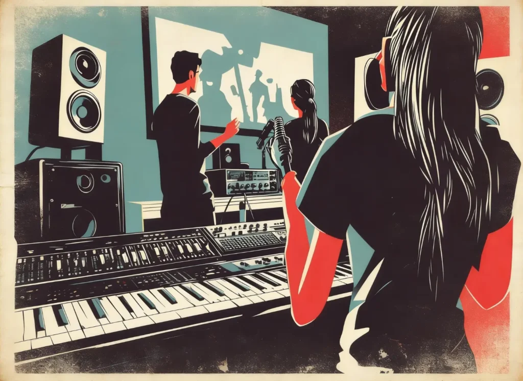 ilustrirane siluete ljudi u glazbenom studiju