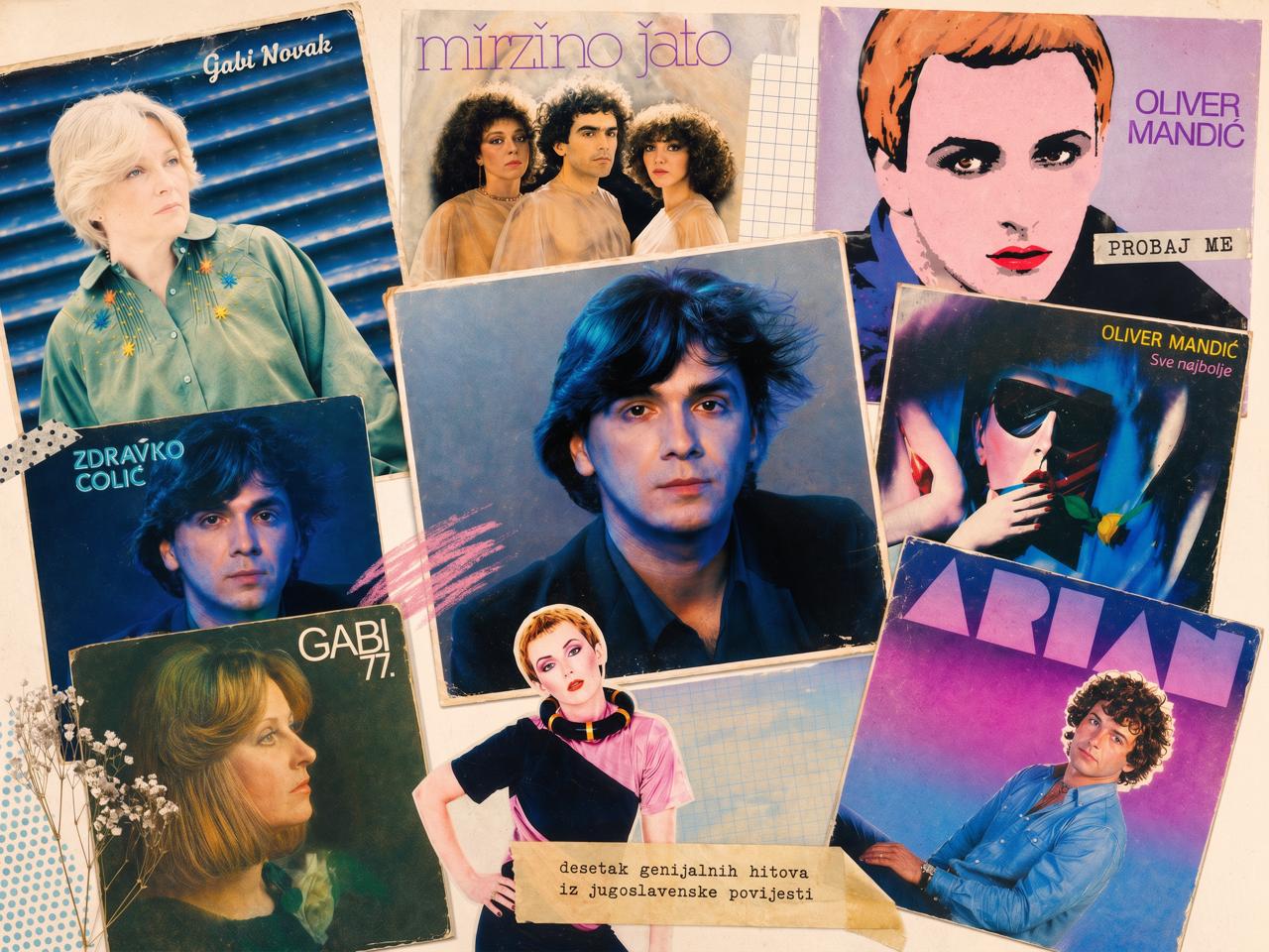 Collage of vintage Yugoslav pop album covers featuring artists and bold graphics.