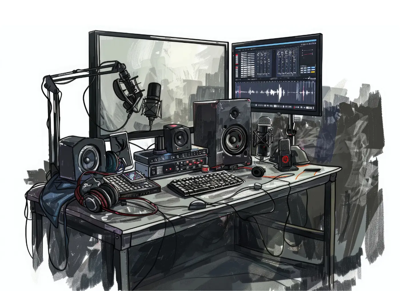 Podcasting studio desk with two monitors, a boom-arm microphone, headphones, a mixer, speakers, and a keyboard amid tangled cables.