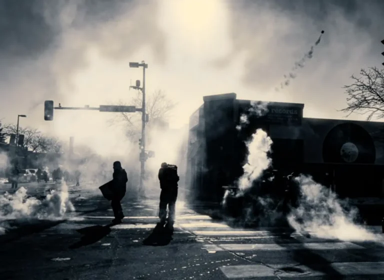 Protesters walk through a smoky urban street with crosswalk stripes and scattered debris, silhouettes visible through the haze.