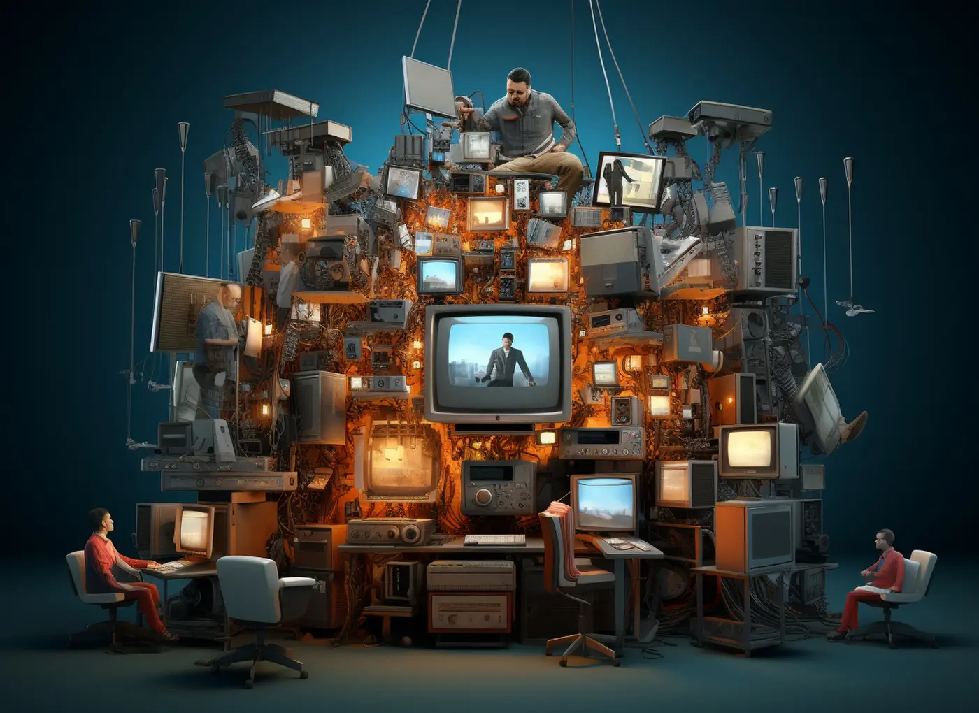 A large pile of old TVs and electronics forms a fiery orange mass, with two people at desks and monitors around it, suggesting information overload or digital clutter.