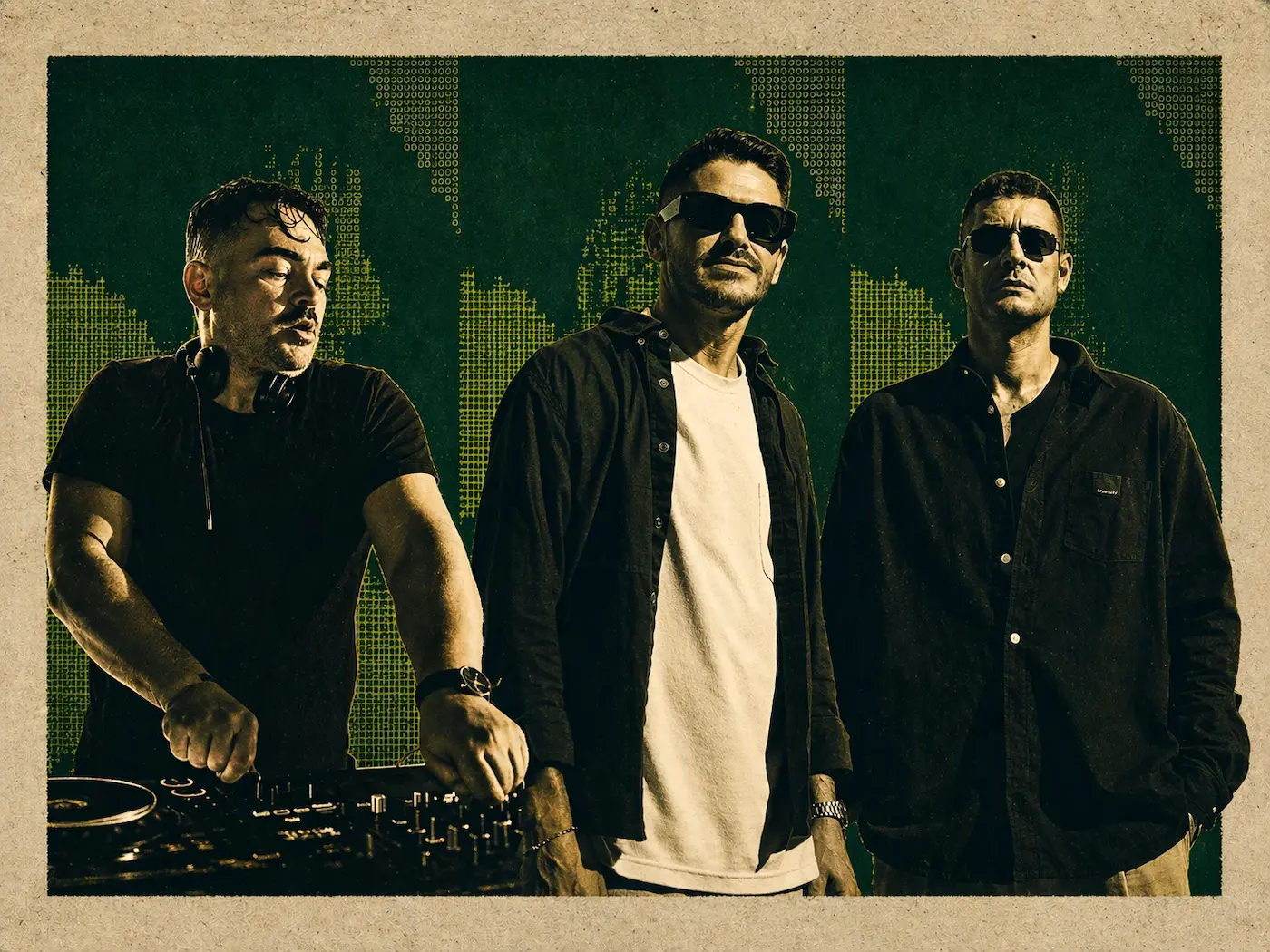 Three men posing as a DJ trio; left man at a mixer wearing headphones, center and right wear sunglasses against a green digital backdrop with a vintage border.