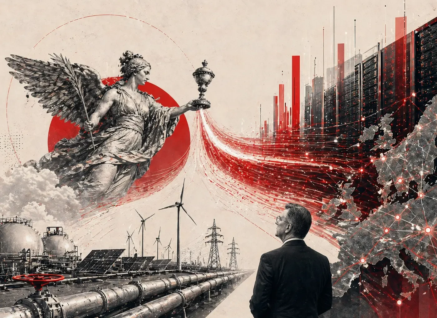Winged goddess delivering energy to a businessman amid pipelines, wind turbines, solar panels, and a red digital network toward a city skyline.