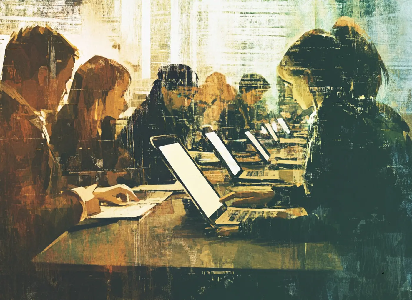 People using tablet devices at a long row of computers in a busy shared workspace.