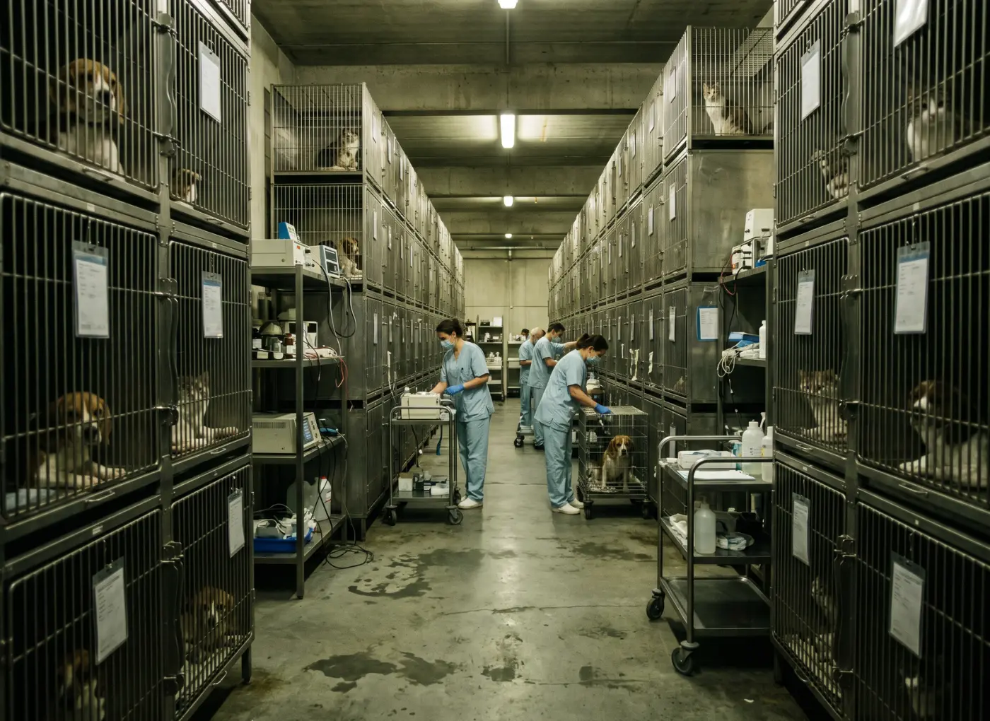 Veterinary staff in scrubs tending to dogs in a large kennel room with metal cages on both sides.