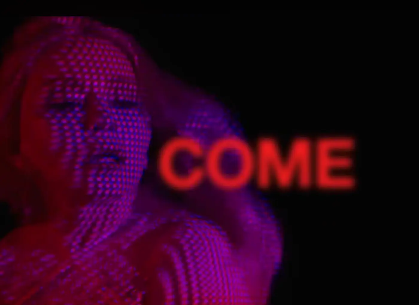 Close-up of a purple dotted digital portrait with red neon text 'COME' on a dark background.