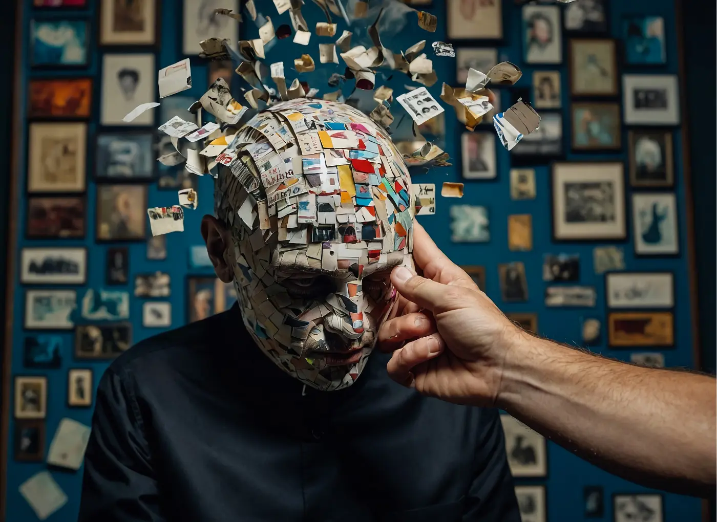 Person with head covered in torn photos and notes, hands pinching their temple amid a wall of framed memories, suggesting overwhelmed thoughts.