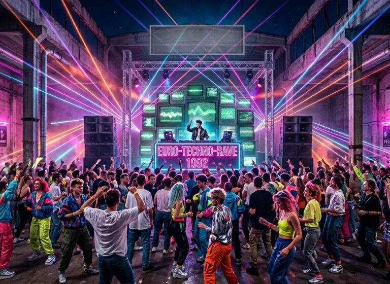 DJ spins at a neon-lit electro-rave in an industrial space, with colorful laser beams and a wall of screens behind. The crowd dances energetically in the foreground.