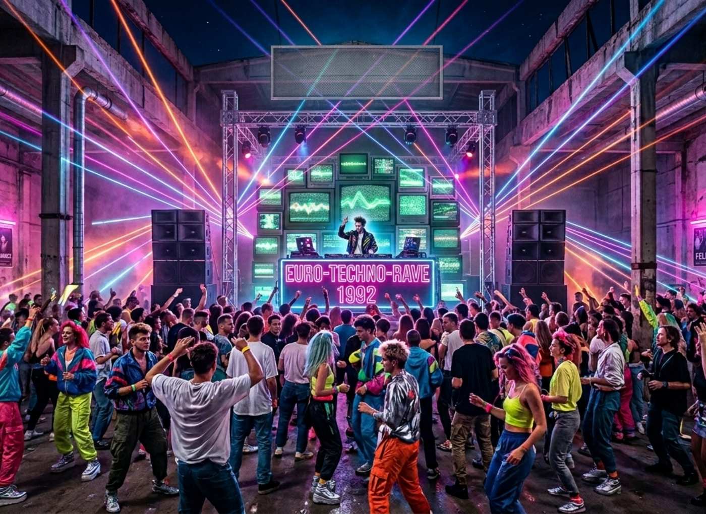 DJ spins at a neon-lit electro-rave in an industrial space, with colorful laser beams and a wall of screens behind. The crowd dances energetically in the foreground.