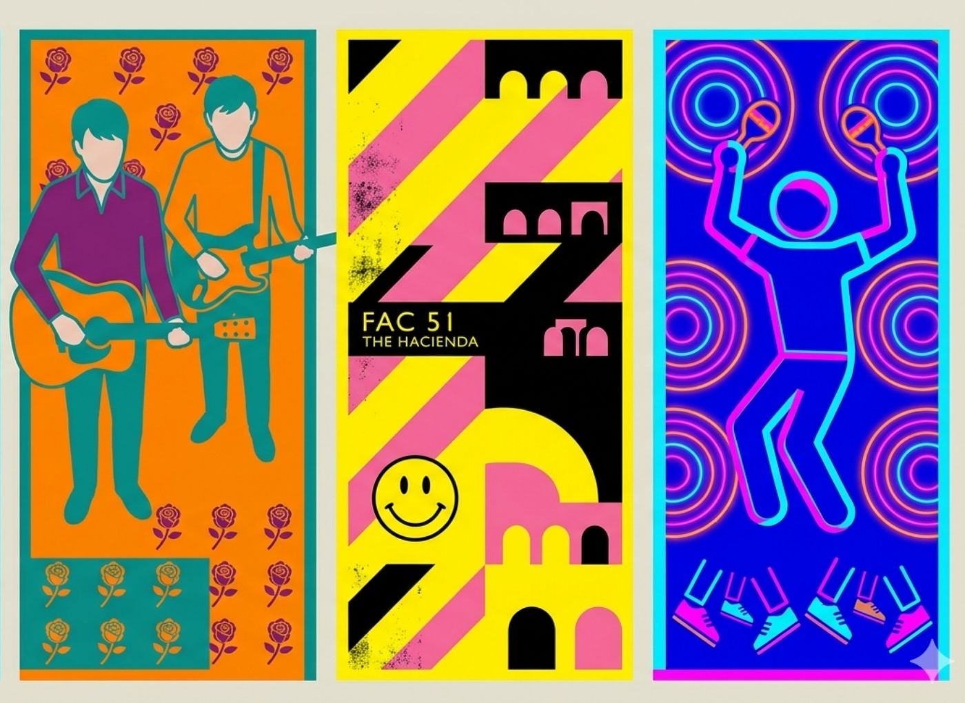 Three-panel poster art: left shows two guitarists with roses on orange background, middle features bold geometric shapes and the text 'FAC 51 THE HACIENDA', right depicts a blue neon-dancer against circular patterns in purple/pink.