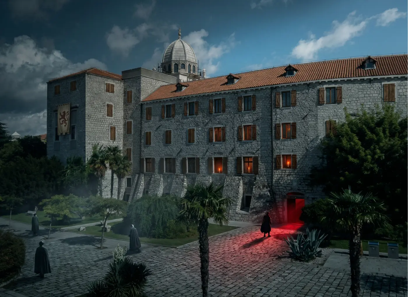 sudjenje-sibenskim-vjesticama-ai-ilustracije-sigureca1 Stone castle-like building at dusk with a glowing red doorway and robed figures in a cobblestone courtyard.