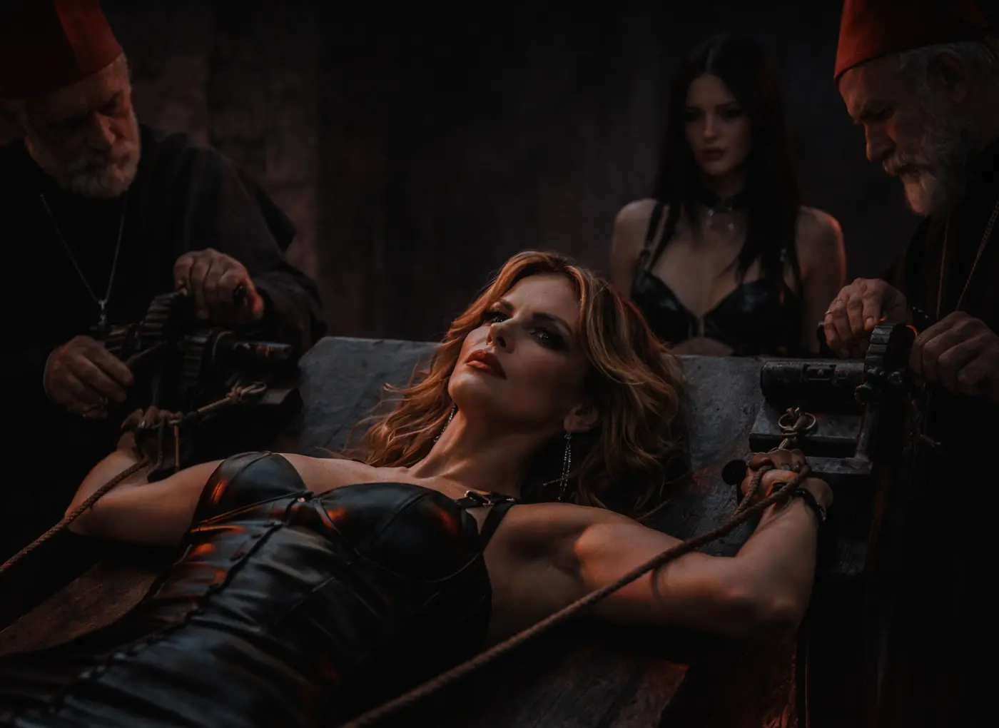 sudjenje-sibenskim-vjesticama-ai-ilustracije-sigureca14 A woman in a black leather dress lies restrained on a wooden table, held by two men with ropes while a dark-haired woman watches in the background.