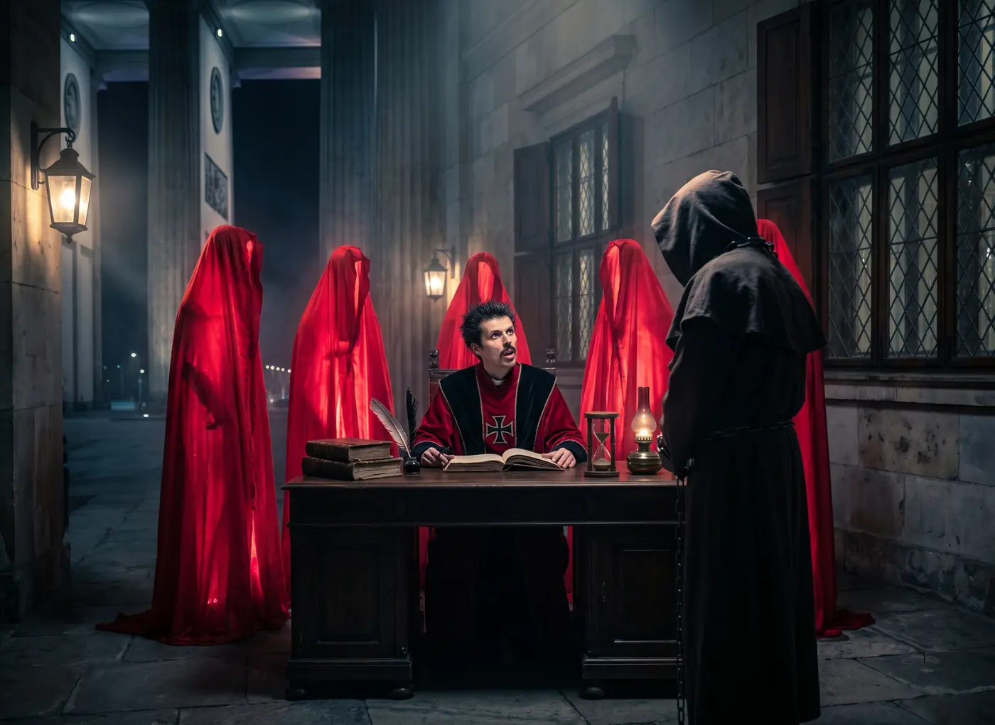 sudjenje-sibenskim-vjesticama-ai-ilustracije-sigureca19 Medieval scholar in red robes at a desk, surrounded by red-cloaked attendants in a dim courtyard.