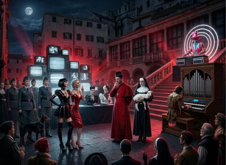 Night-time performance in a historic square with a cardinal, a nun, and glamorous models facing an audience as a DJ plays on a decorated console with neon rings behind them.