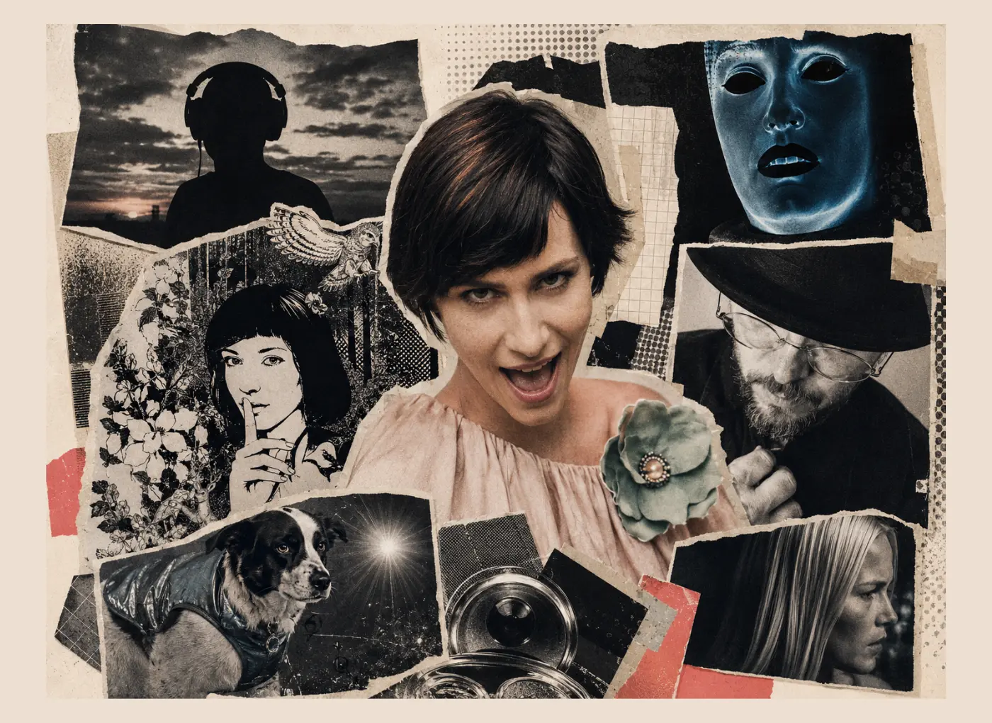 Collage-style portrait with a central woman smiling, surrounded by cut-out photos of people, animals, and patterns.