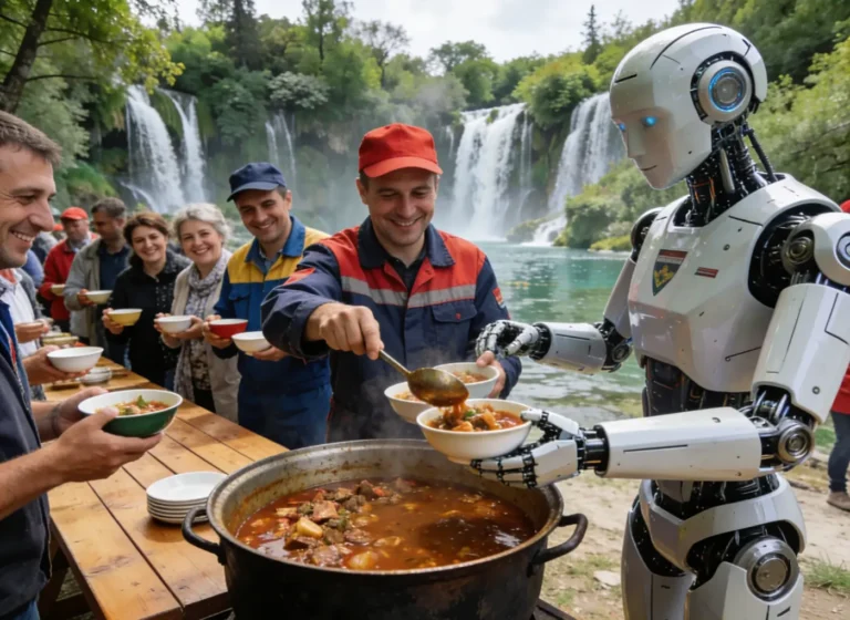Robot helper serves steaming pot of soup to smiling volunteers at an outdoor riverside lunch near a waterfall.