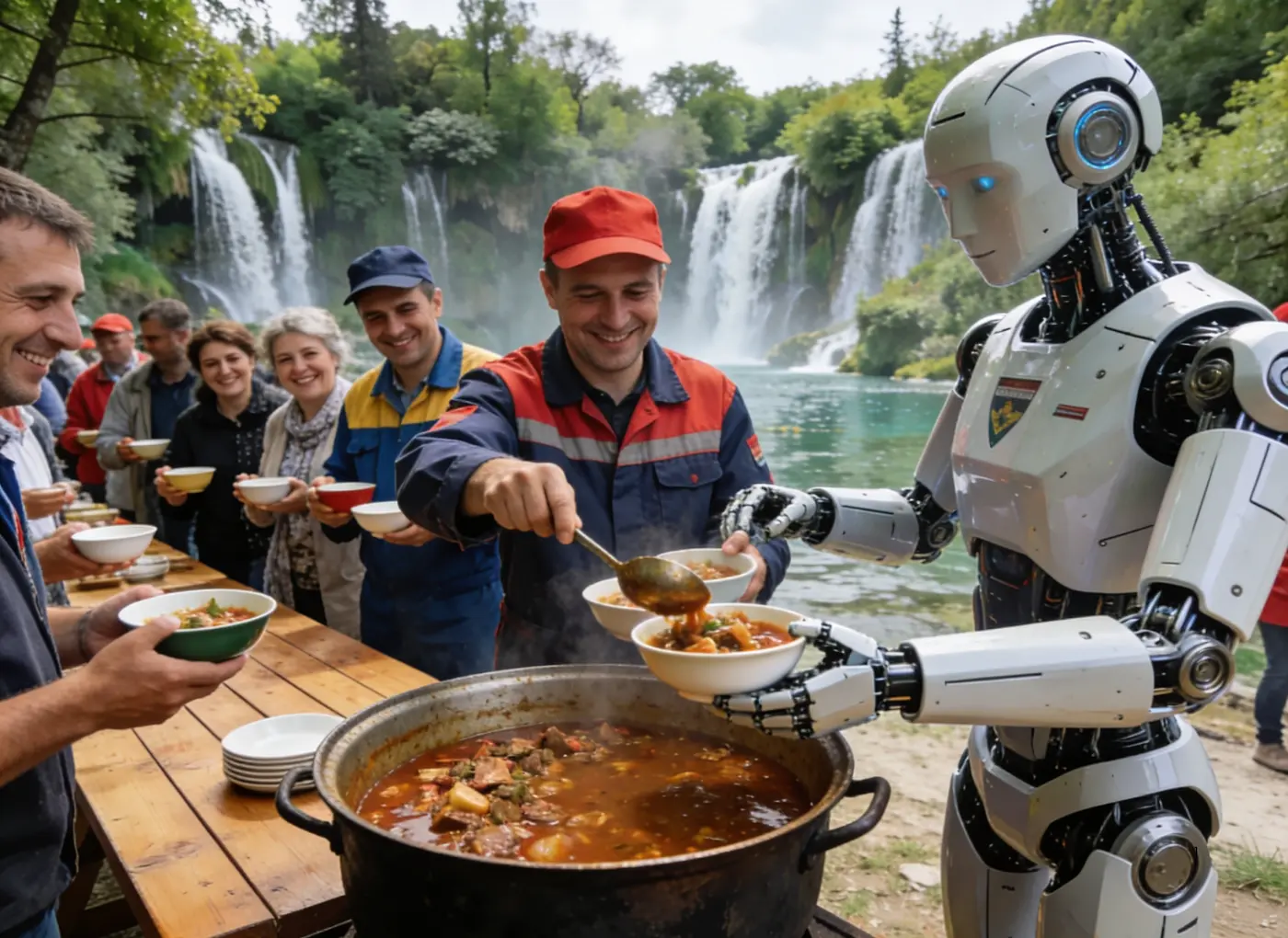 Robot helper serves steaming pot of soup to smiling volunteers at an outdoor riverside lunch near a waterfall.