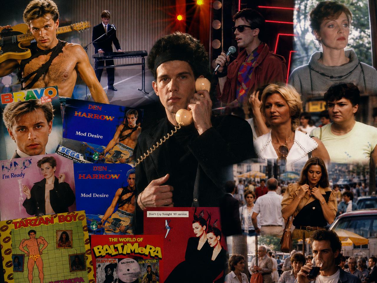 Collage of 1980s pop culture: a man on a corded phone center, surrounded by musicians, celebrities, and vintage posters like Den Harrow and The World of Baltimora in bright colors.