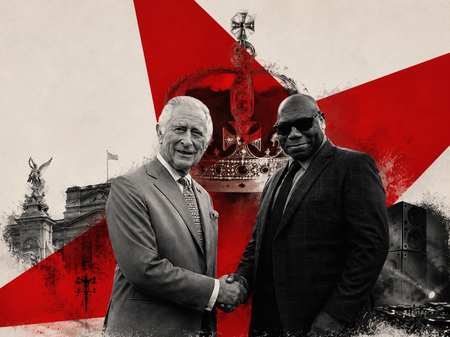 Two men in suits shake hands in grayscale, set against a bold red geometric backdrop and a crown motif behind them.