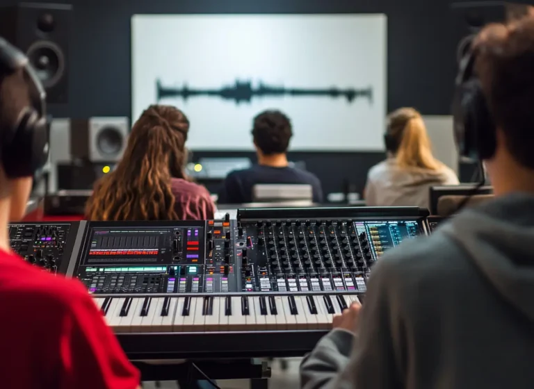 Music production classroom: students wearing headphones surround a large synth/mixer keyboard, watching a waveform on a screen at the front.