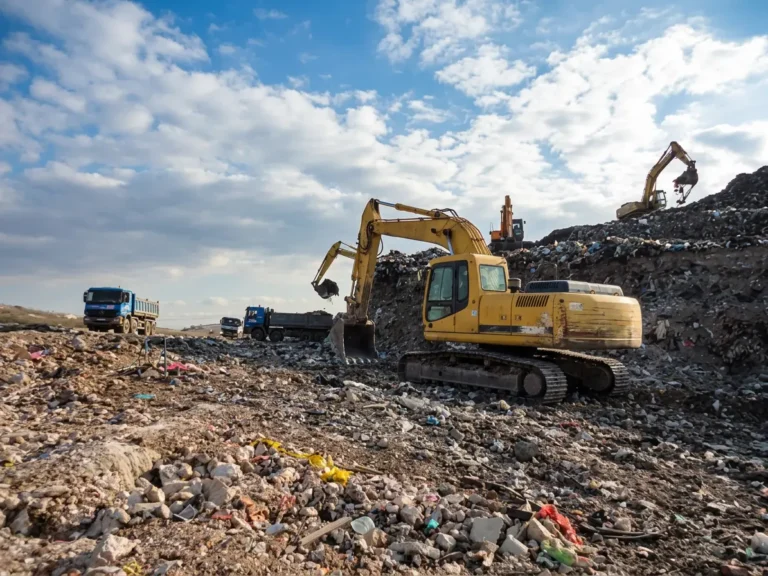 Yellow excavator and dump trucks at a rocky landfill with debris and a partly cloudy sky behind them.