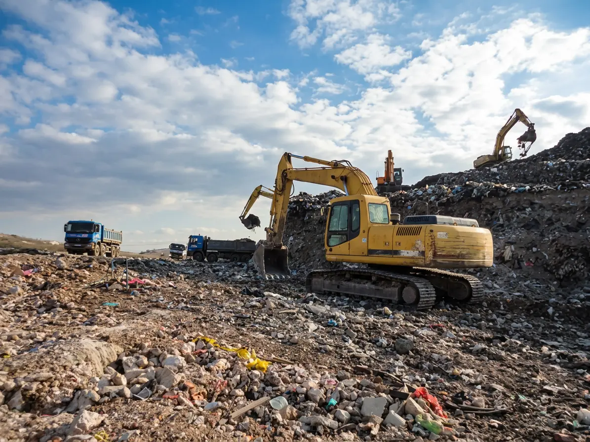 Yellow excavator and dump trucks at a rocky landfill with debris and a partly cloudy sky behind them.