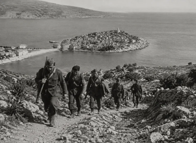 Soldiers in WWII uniforms march uphill along a rocky path toward a coastal village on a small island, with rifles slung and a calm sea in the background.
