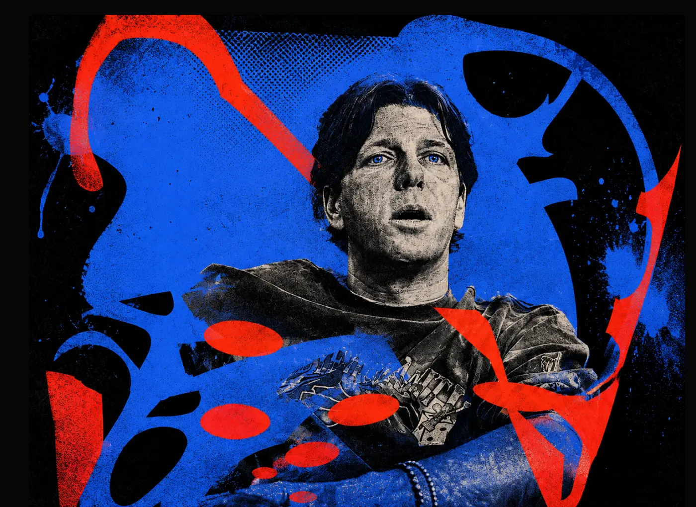 Portrait of a man with dark hair and blue eyes, set against bold blue and red abstract shapes in a collage-style artwork.
