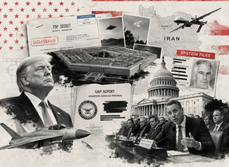 Collage implying government conspiracy: declassified documents, U.S. Capitol, UAP report, surveillance drone, military jet, a hearing with officials, map of Iran, and the Epstein files.