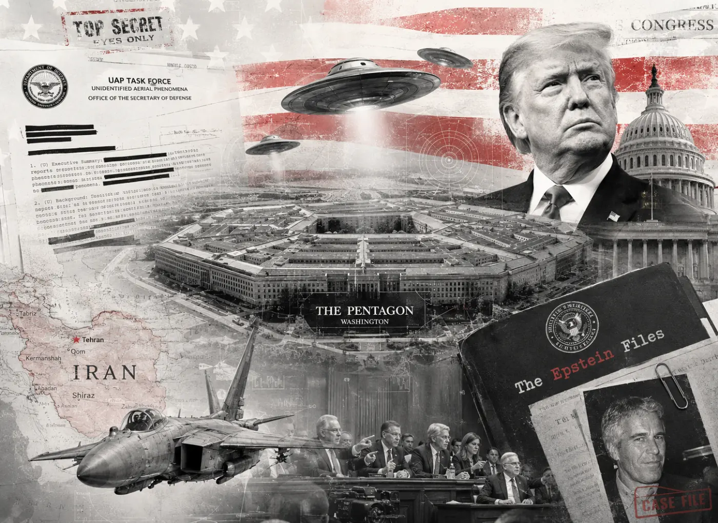 foto-sigureca-ilustracija 2 Collage of political conspiracy imagery: Trump, the Capitol, the Pentagon, a fighter jet, Iran map, and an 'Epstein Files' folder.