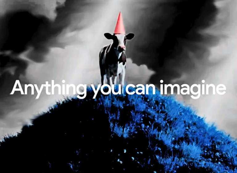 Cow wearing a red cone hat atop a blue grassy hill against a cloudy sky, with the text 'Anything you can imagine' across the image.