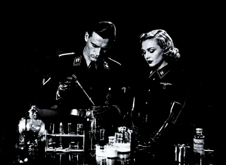 Two people in Nazi SS uniforms at a lab bench handling glassware and test tubes in a dark setting.