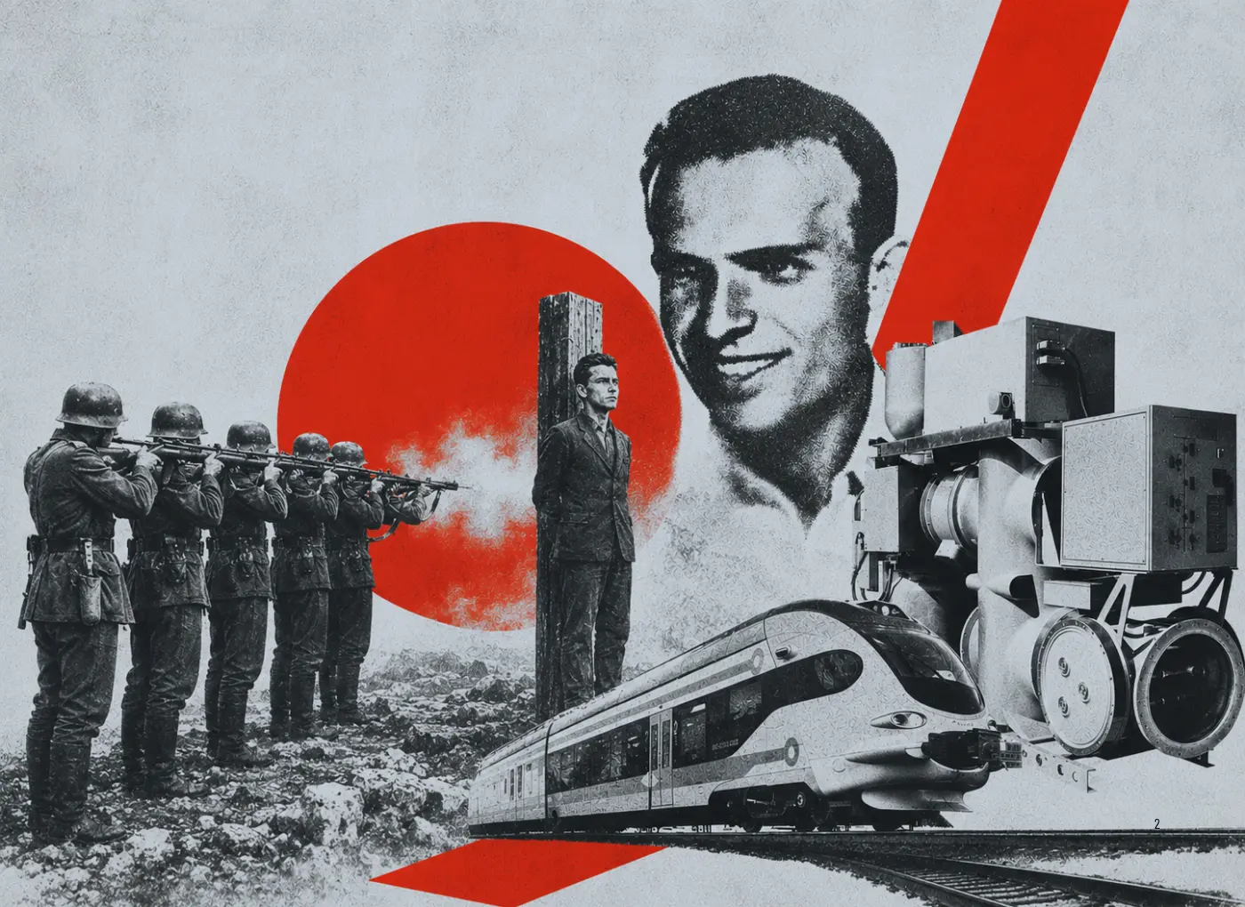 Propaganda collage showing soldiers aiming rifles, a man standing in front, a bold red circle, and a train with large machinery in a gray graphic composition.