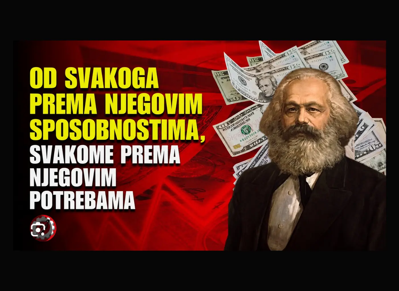 Meme-style image: an older man with a full beard in a dark suit, money bills in the background, bold yellow and white text in Serbian over a red backdrop.