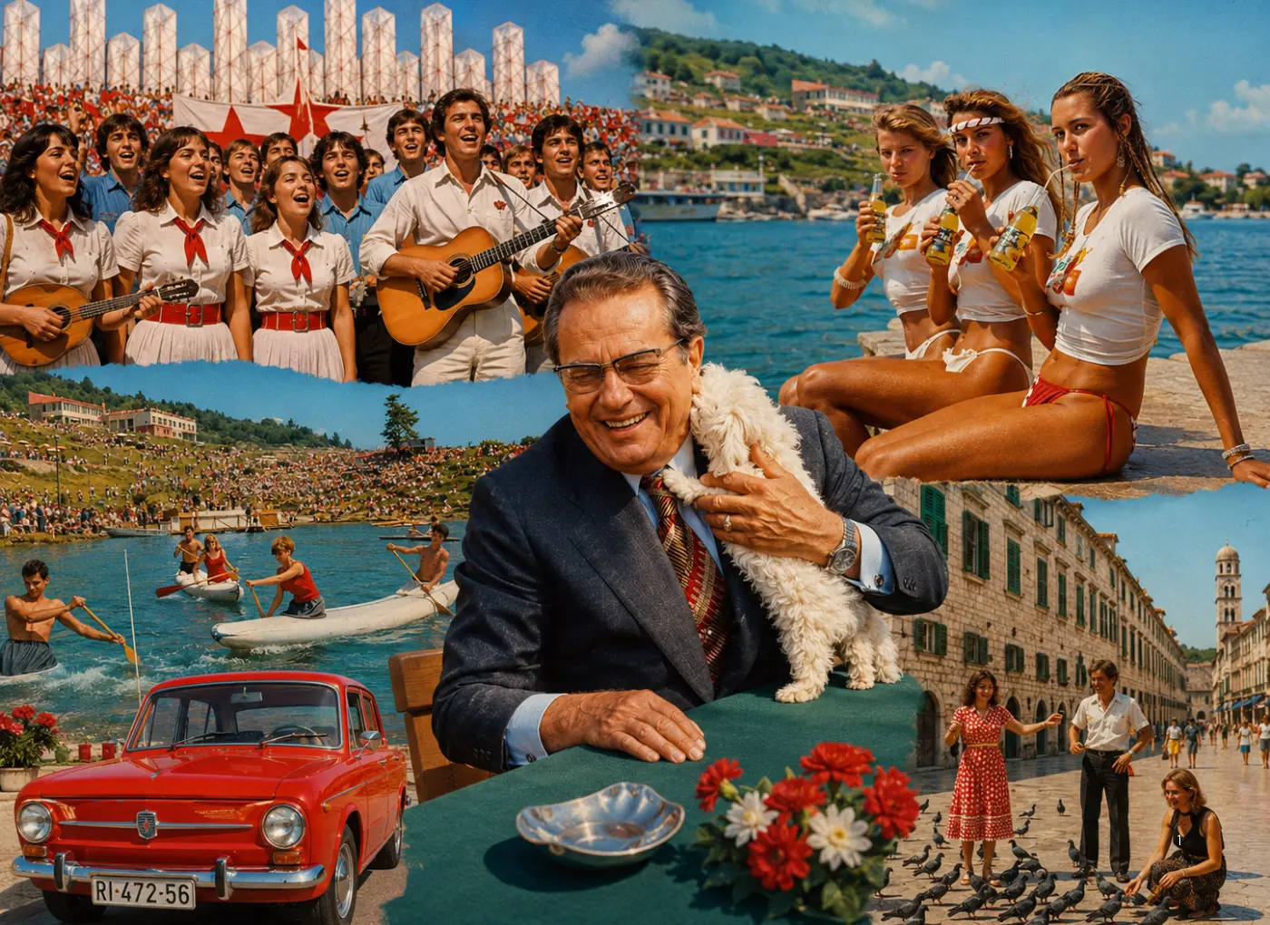 Collage of a sunny seaside holiday: a smiling man in a suit with a fluffy white dog, choirs with guitars, women in white tops on the beach, a red vintage car, and a waterfront town.