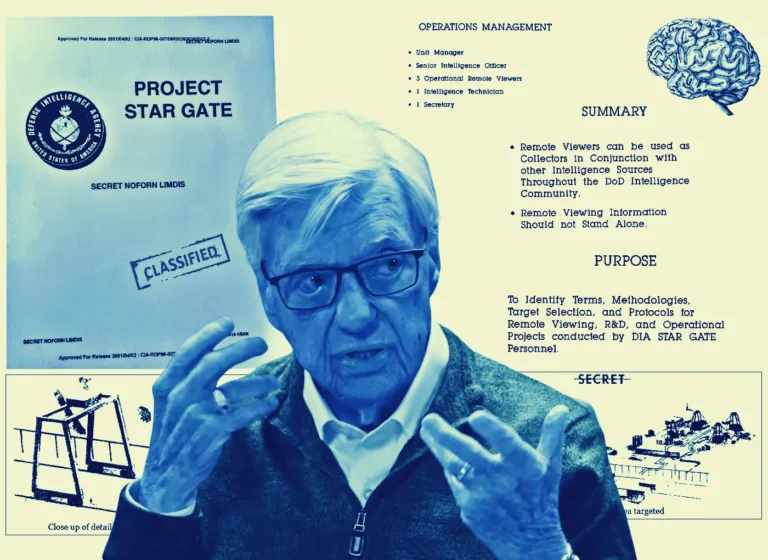 Older man with glasses gesturing in front of a blue-toned collage of documents labeled PROJECT STAR GATE and SECRET, with a brain illustration in the corner (informational collage).