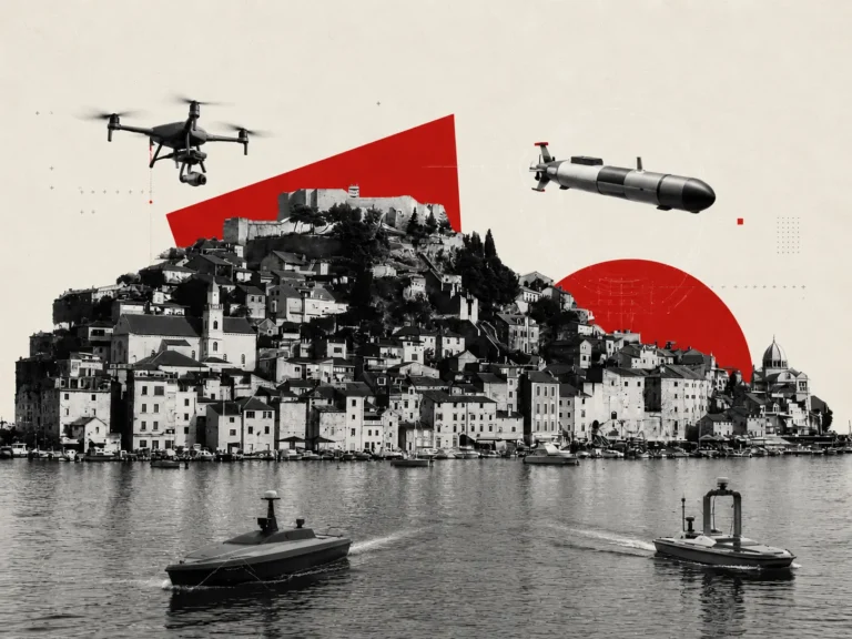 Surreal collage of a hillside town with boats on water and red geometric shapes, including a drone and a submarine above the city.
