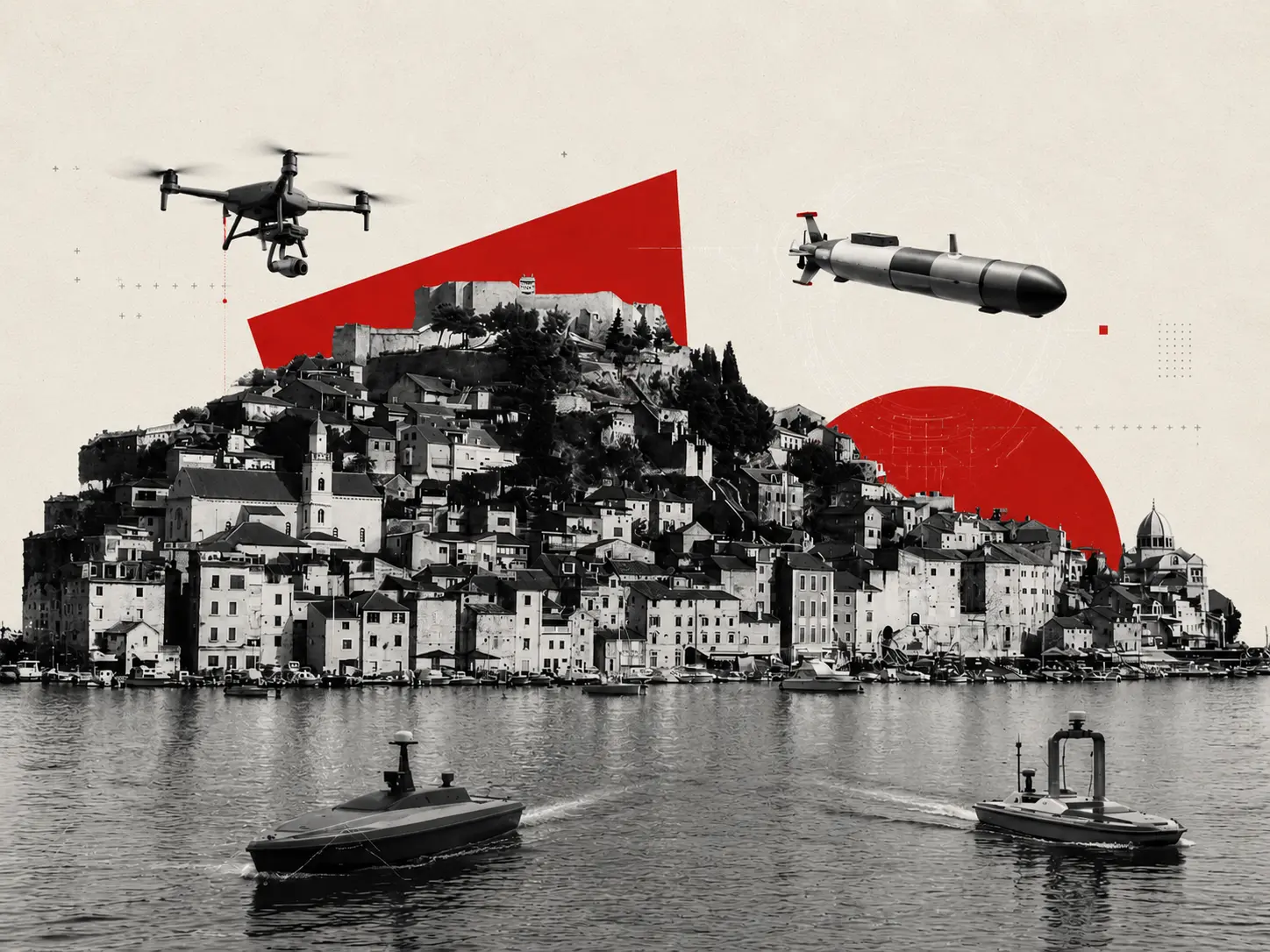 Surreal collage of a hillside town with boats on water and red geometric shapes, including a drone and a submarine above the city.