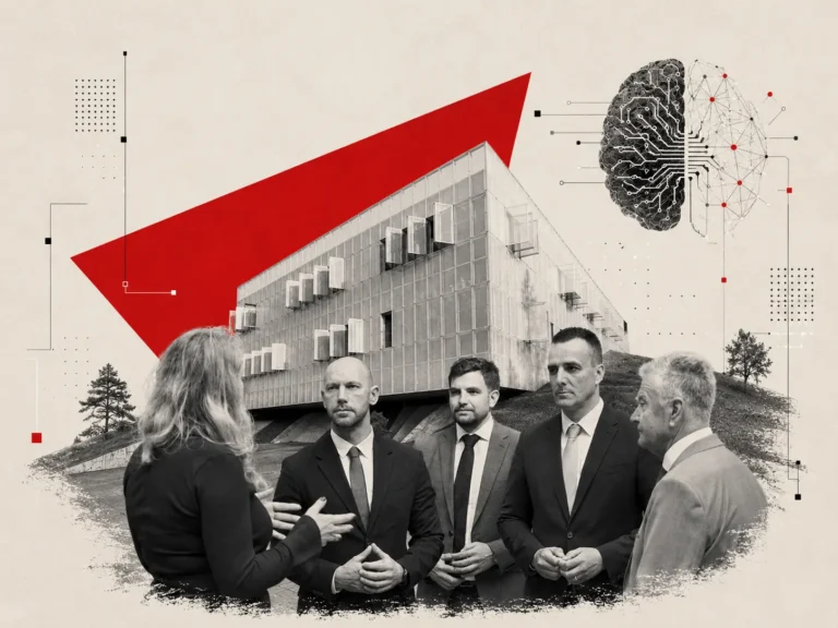 Five professionals in suits stand and talk in front of a modern glass building, with a bold red arrow and a digital-brain circuit illustration in the background.
