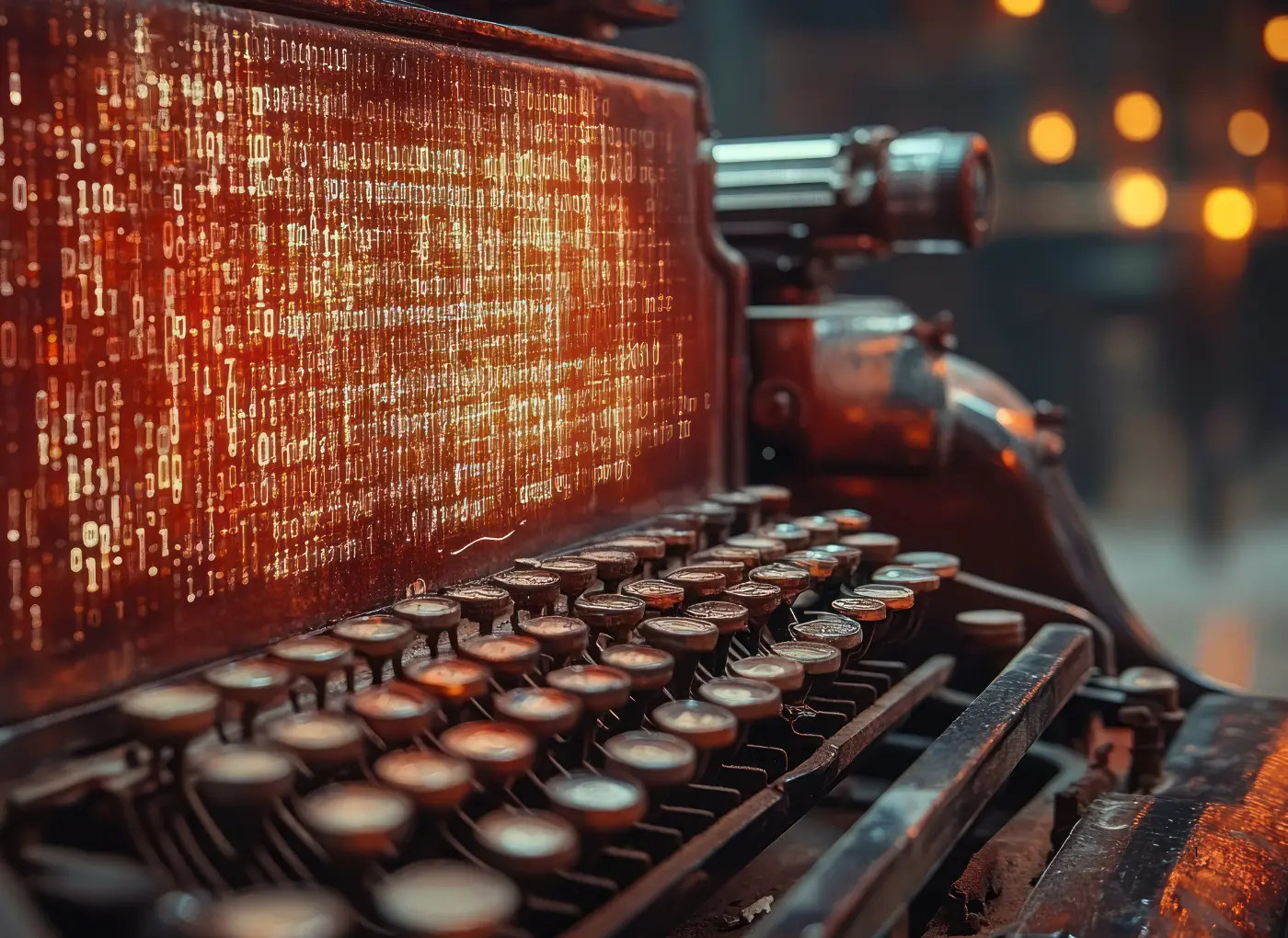 An old-fashioned typewriter with glowing orange binary digits on the platen, computer-style data streams.