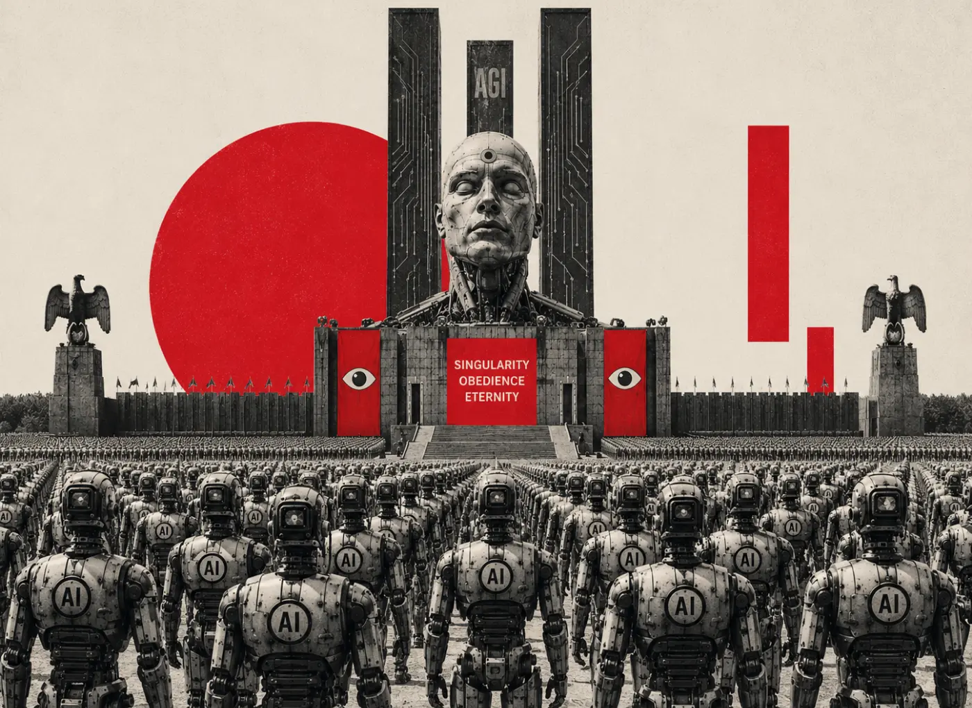 Dystopian scene with a marching army of robots before a fortress and a colossal statue head under a red sun, suggesting AI dominance.