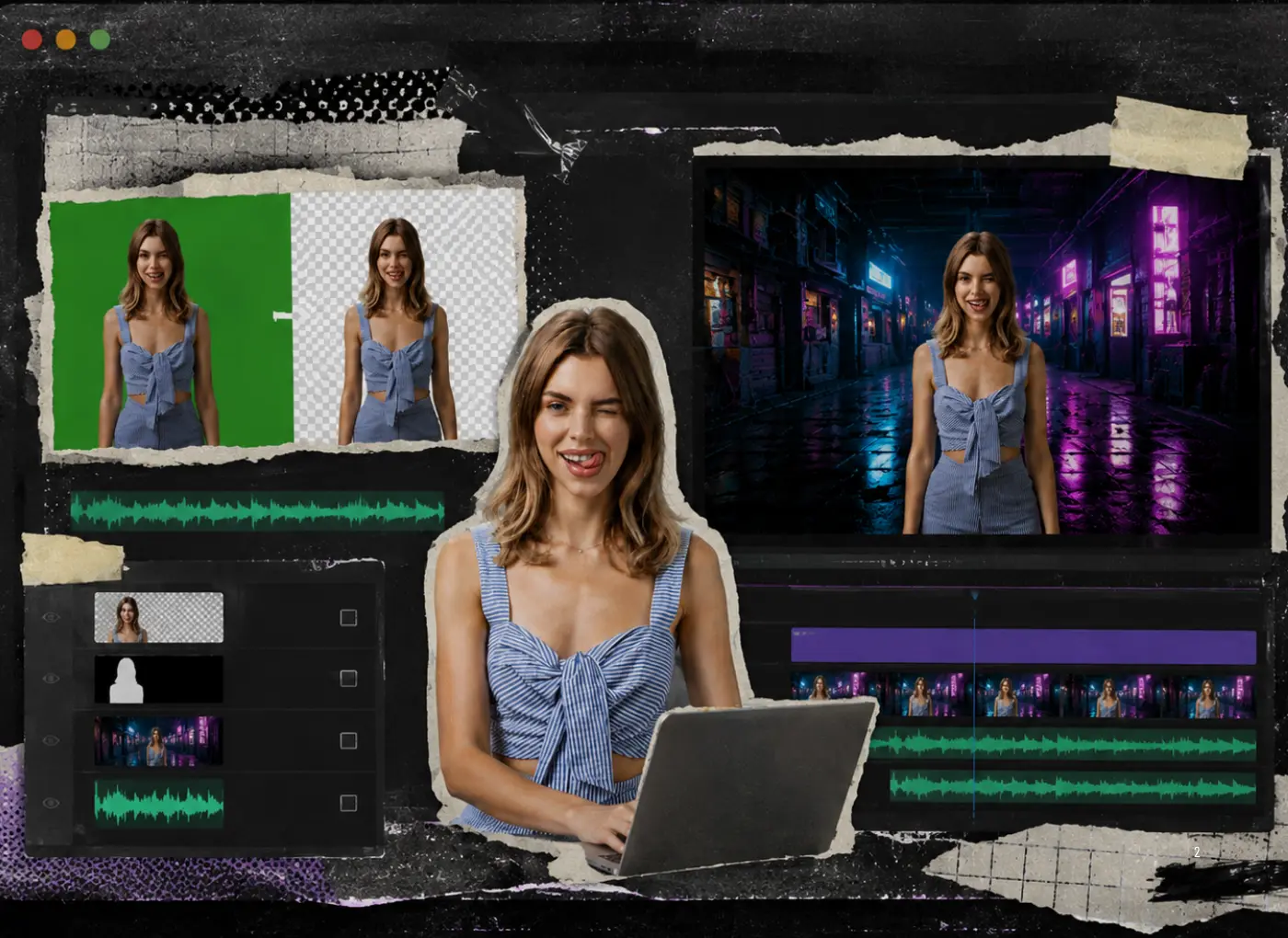 Collage of a woman editing videos on a laptop, with green-screen and timeline panels around her in a dark, taped collage background.