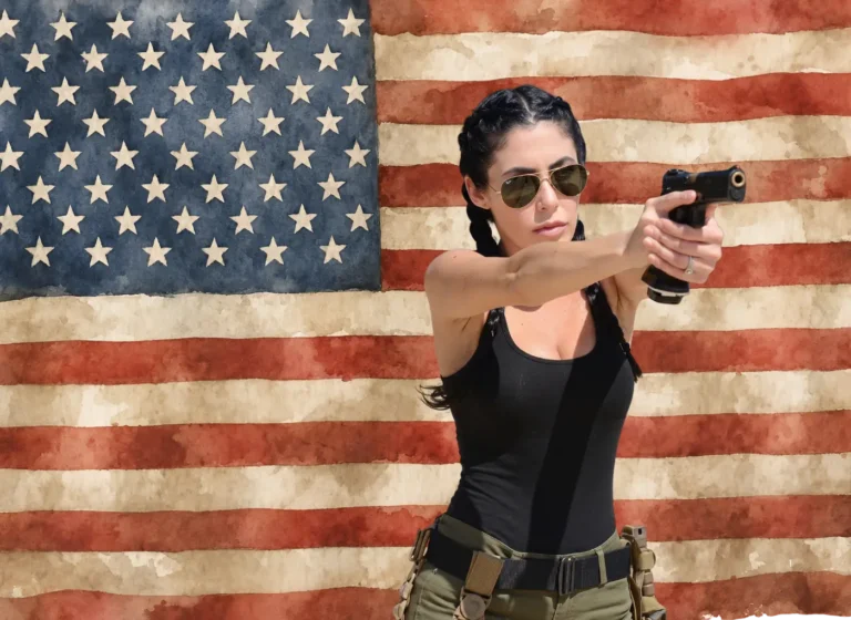 Woman in sunglasses and tactical gear aims a pistol toward the right in front of a weathered American flag backdrop.