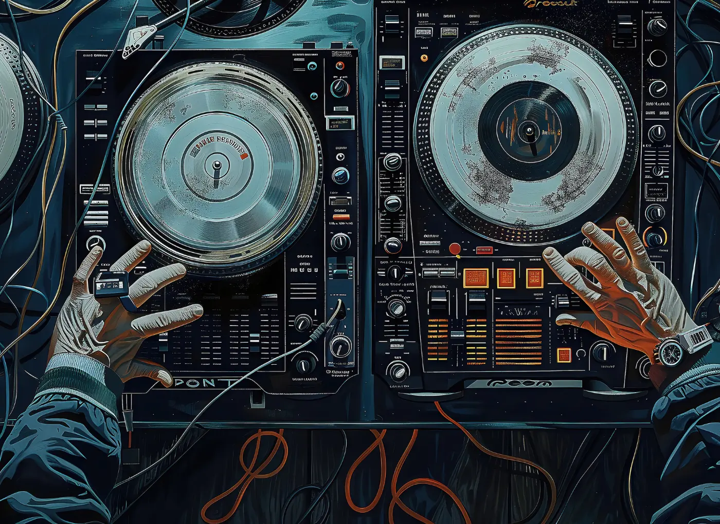 Two DJ turntables and a mixer with hands adjusting controls, colorful cables on the table and floor