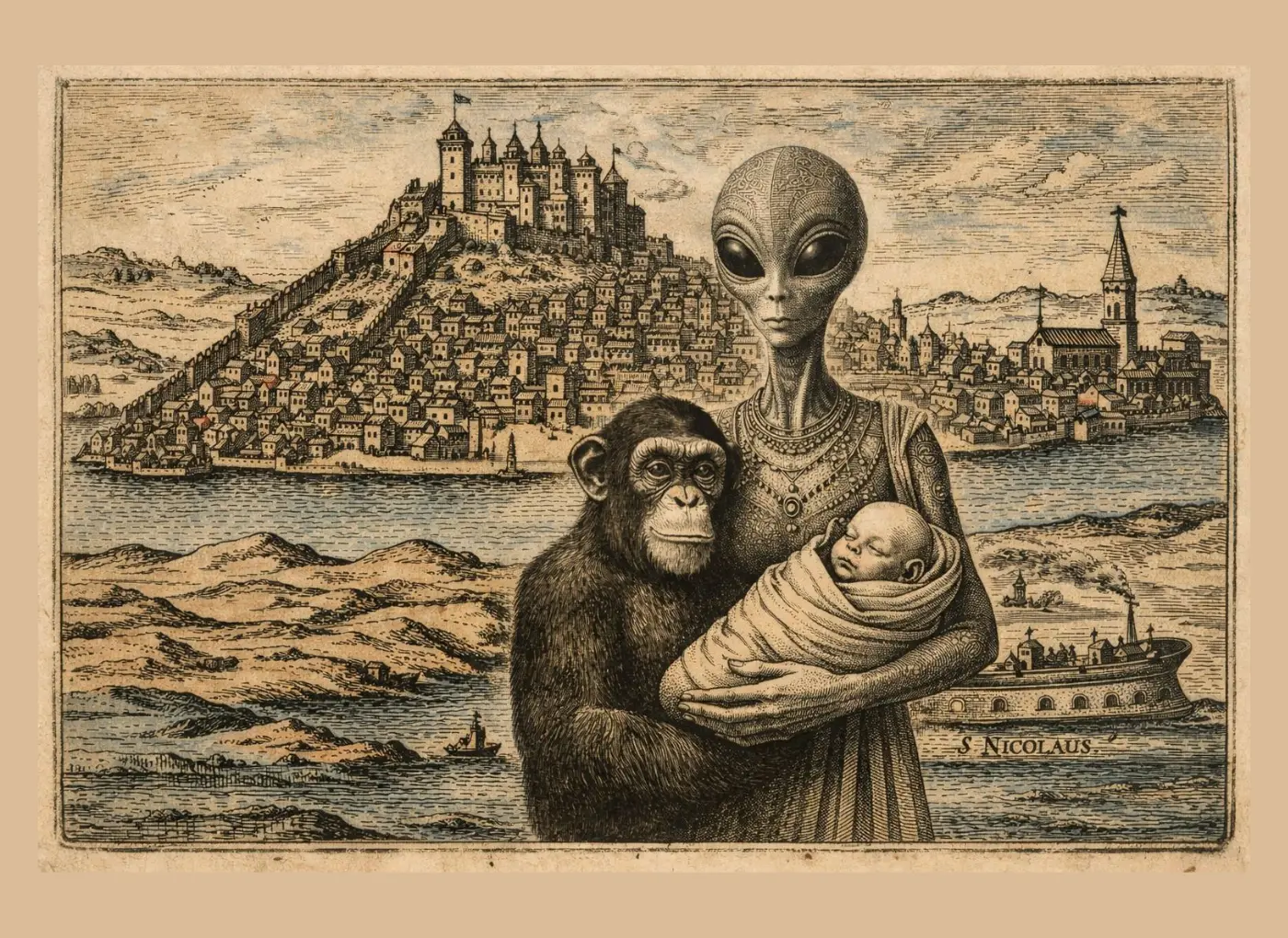 Alien humanoid woman cradling a swaddled baby beside a chimp, with a coastal town and ships in the background.