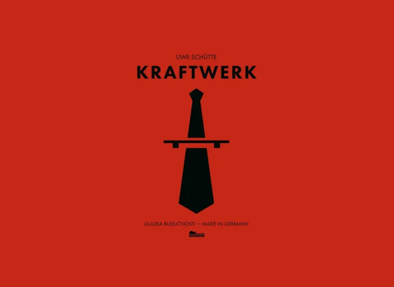Red poster for Kraftwerk by Uwe Schütte featuring a black necktie silhouette on a solid red background.