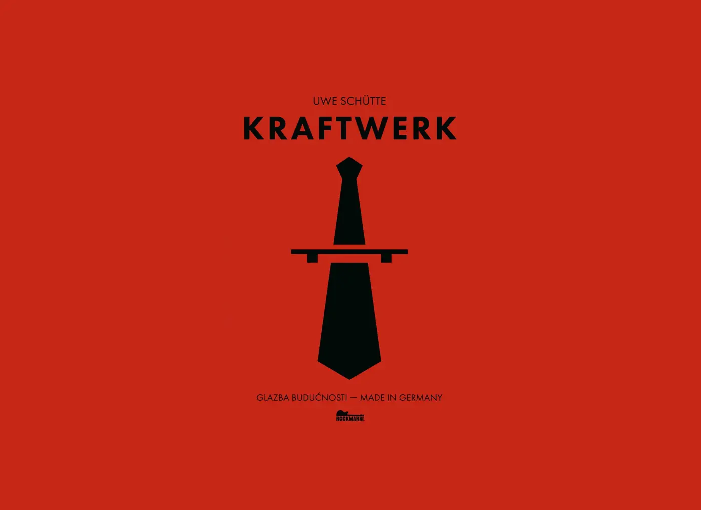 Red poster for Kraftwerk by Uwe Schütte featuring a black necktie silhouette on a solid red background.