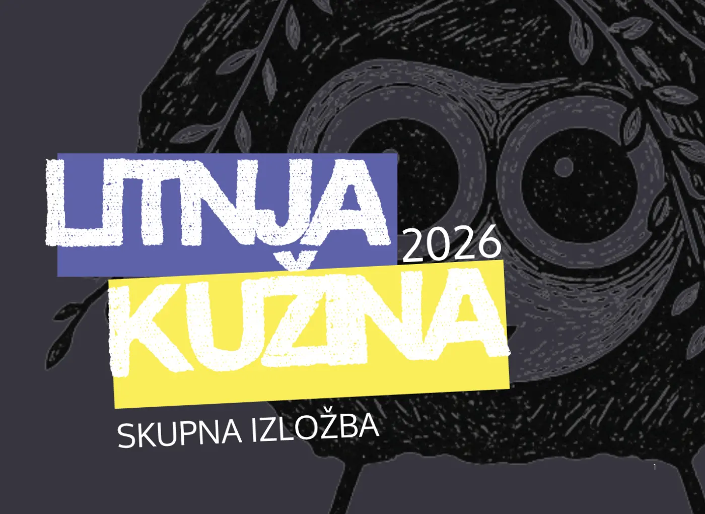 Poster for LINA 2026 Kuzna, a group exhibition title with bold purple and yellow blocks and white text.