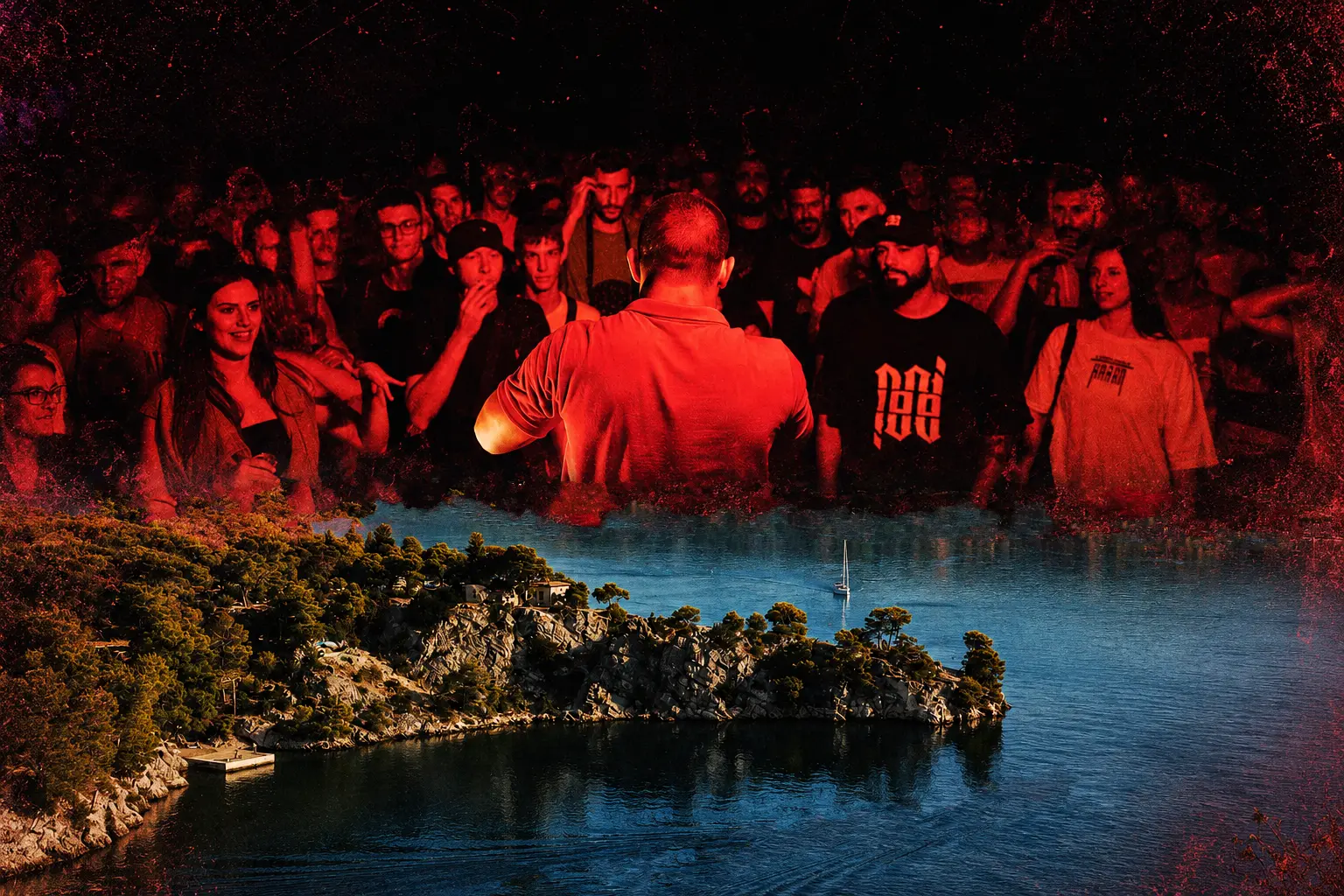Performer facing a packed crowd on stage, seen from behind, with a red-tinted overlay and a rocky lakeside in the foreground.
