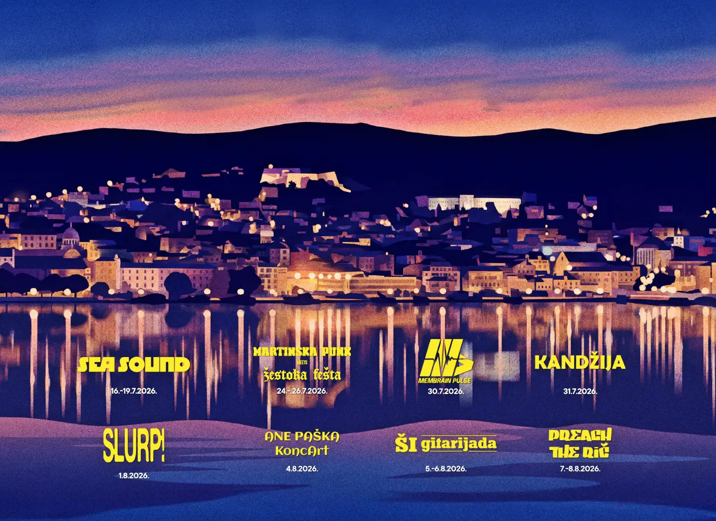 Nighttime cityscape poster with yellow festival titles and dates reflected on a water surface.